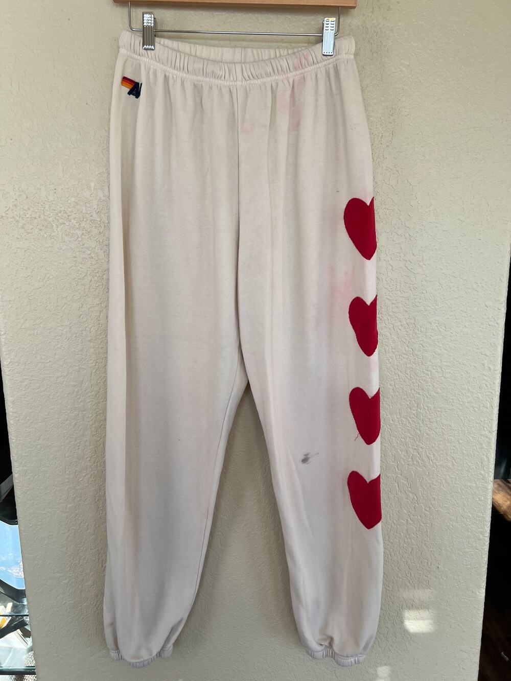 Aviator Nation Red Heart Stitch Sweatpants Large Cream Red FLAWED